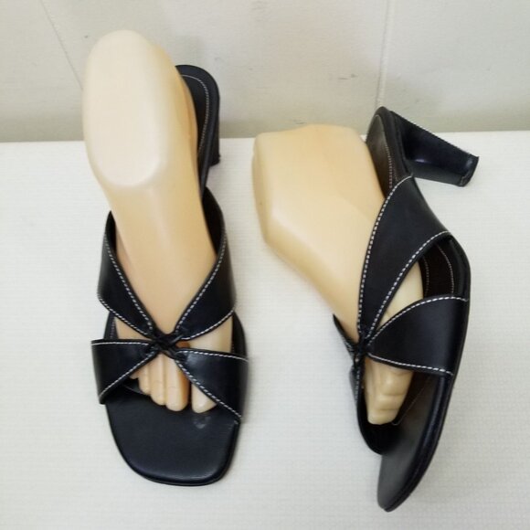 Cole Haan 10B Black Open Toe Heels Shoes Slip On Leather - Picture 1 of 11